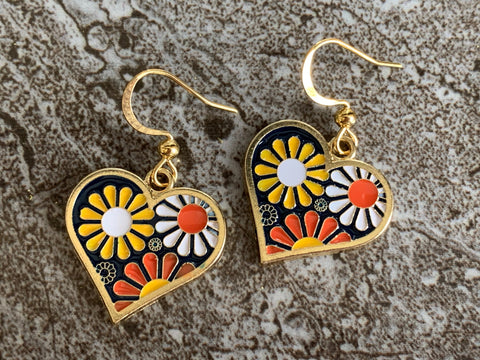Boucles d’oreilles breloque coeur fleur orange et jaune sur crochet alliage de métaux or Comme un ange