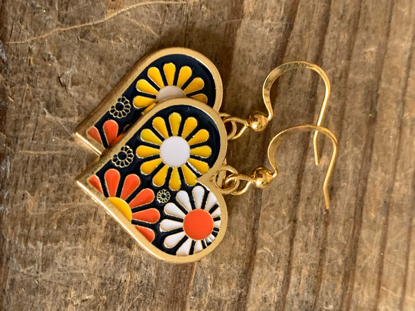 Boucles d’oreilles breloque coeur fleur orange et jaune sur crochet alliage de métaux or Comme un ange