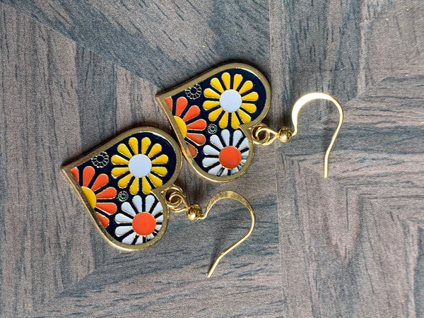 Boucles d’oreilles breloque coeur fleur orange et jaune sur crochet alliage de métaux or Comme un ange