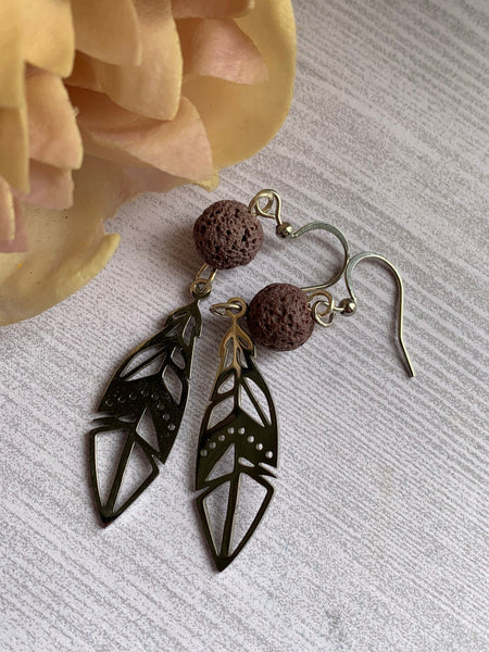 Boucles d’oreilles breloque plume en stainless bille de pierre de lave mauve bijoux diffuseur aromathérapie huile essentielle Comme un ange