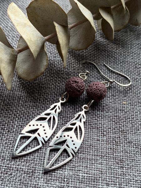 Boucles d’oreilles breloque plume en stainless bille de pierre de lave mauve bijoux diffuseur aromathérapie huile essentielle Comme un ange