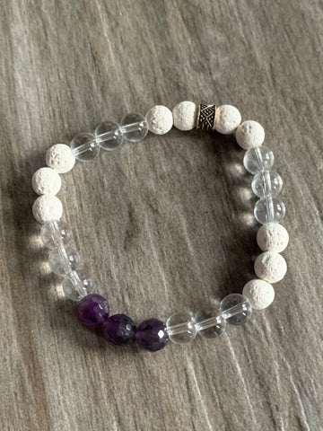 Bracelet élastique pierre d’améthystes mauve et billes de pierre de lave blanche bijoux aromathérapie diffusion Comme un ange