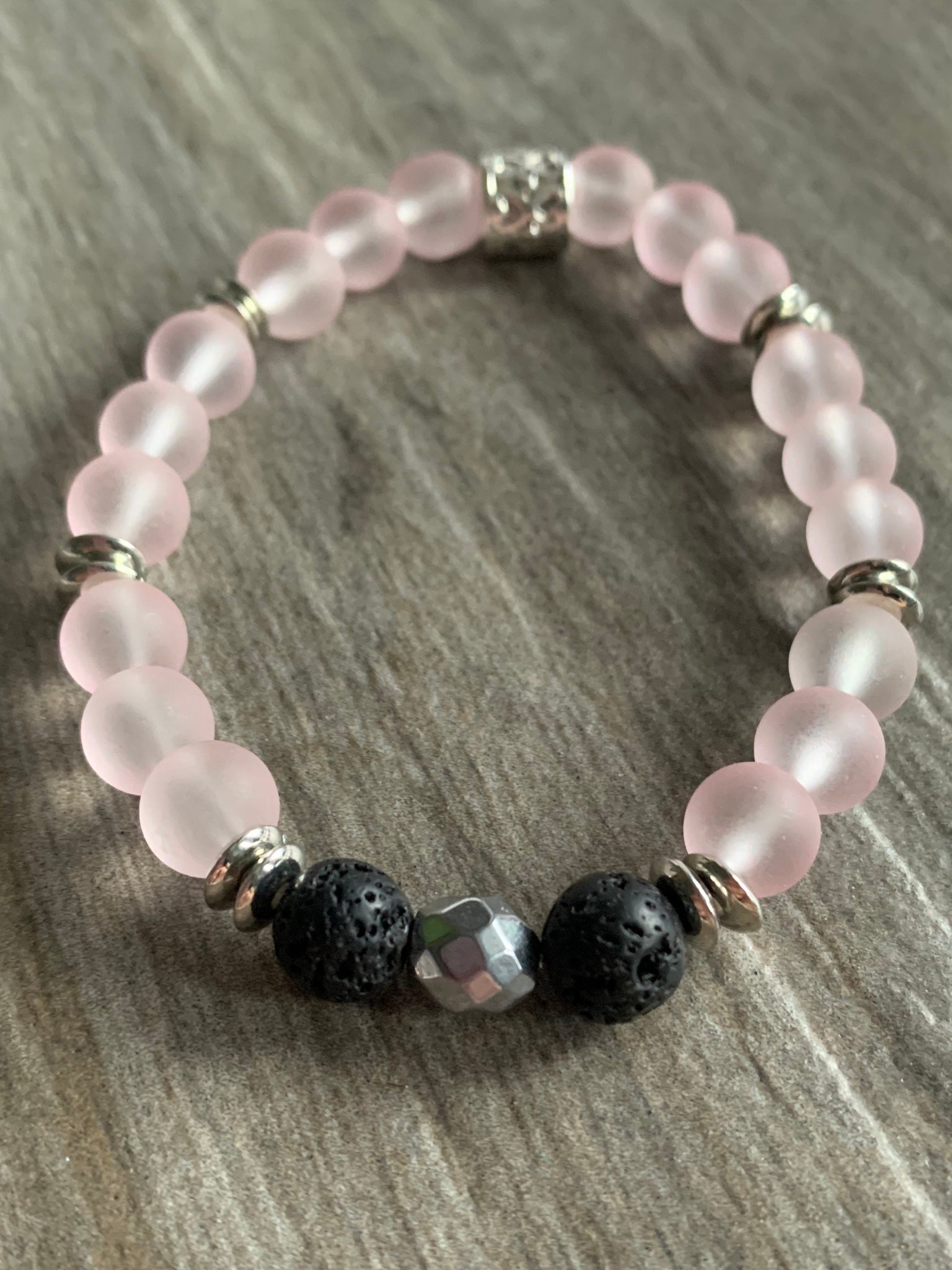 Bracelet élastique billes de quartz rose bille de pierre de lave noir bijoux diffuseur aromathérapie alliage de métaux argent Comme un ange
