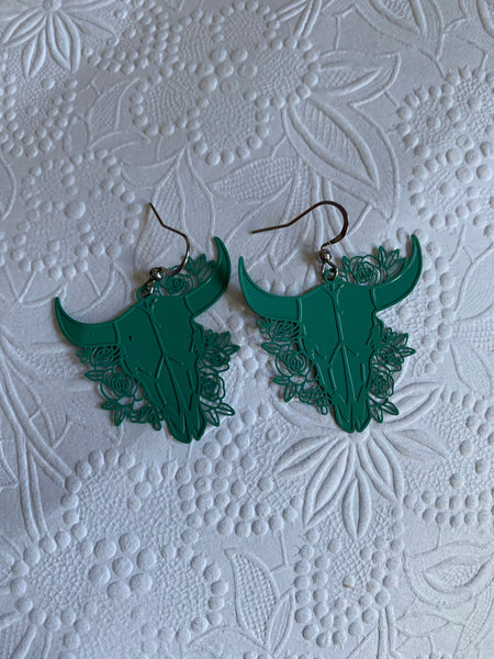 Boucles d’oreilles breloque tête de taureau turquoise fleuri buffle sur crochet alliage de métaux argent Comme un ange