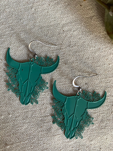 Boucles d’oreilles breloque tête de taureau turquoise fleuri buffle sur crochet alliage de métaux argent Comme un ange