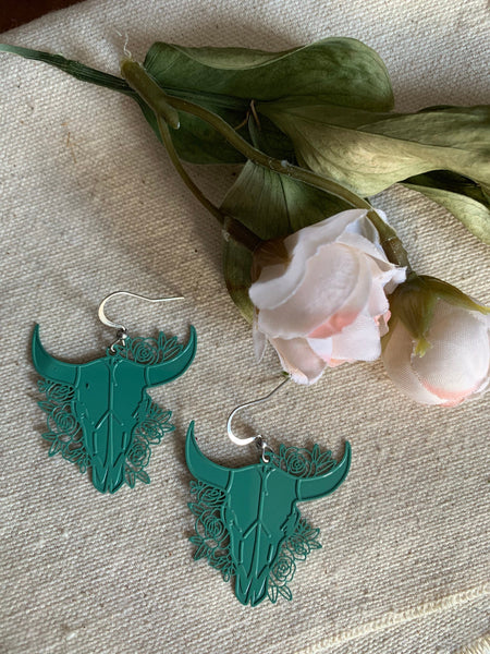 Boucles d’oreilles breloque tête de taureau turquoise fleuri buffle sur crochet alliage de métaux argent Comme un ange