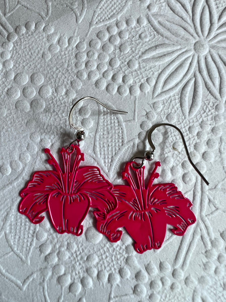 Boucles d’oreilles breloque fleur hibiscus rose fluo néon tropical hawaïenne Comme un ange