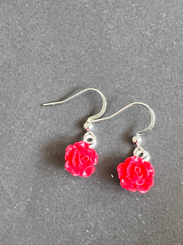 Bijoux boucles d’oreilles roses fleurs rouges Comme un ange